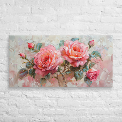 Pink Roses Oil Painting – 2:1 Ratio Gallery Wrapped Canvas Wall Art, Ready to Hang