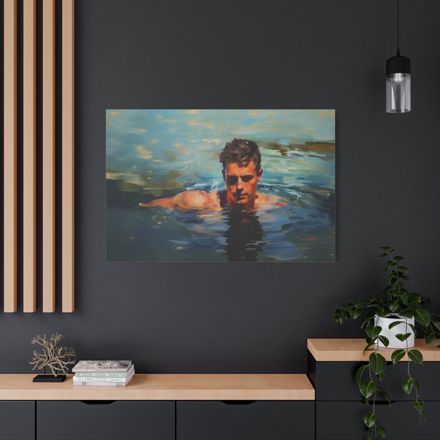 Man Swimming in a Lake Impressionist Portrait Canvas Print Wall Art