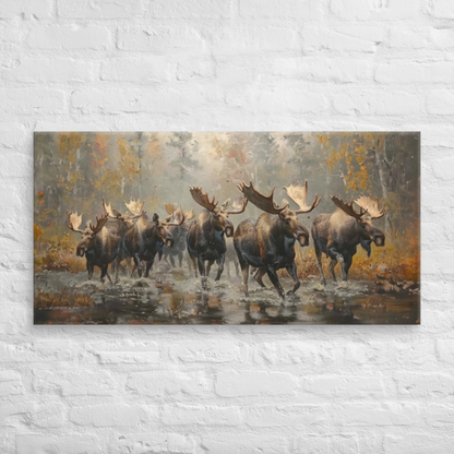 Majestic Moose in River Forest Painting – 2:1 Ratio Gallery Wrapped Canvas Wall Art, Ready to Hang