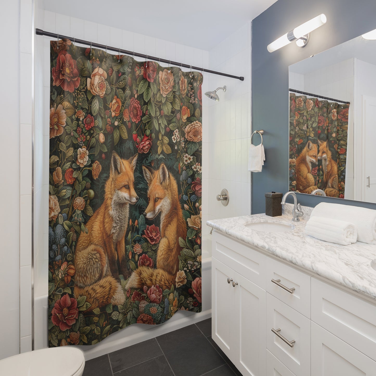 Fox Couple in Floral Garden Shower Curtain William Morris Inspired Home Decor Shower Curtain 71" x 74"