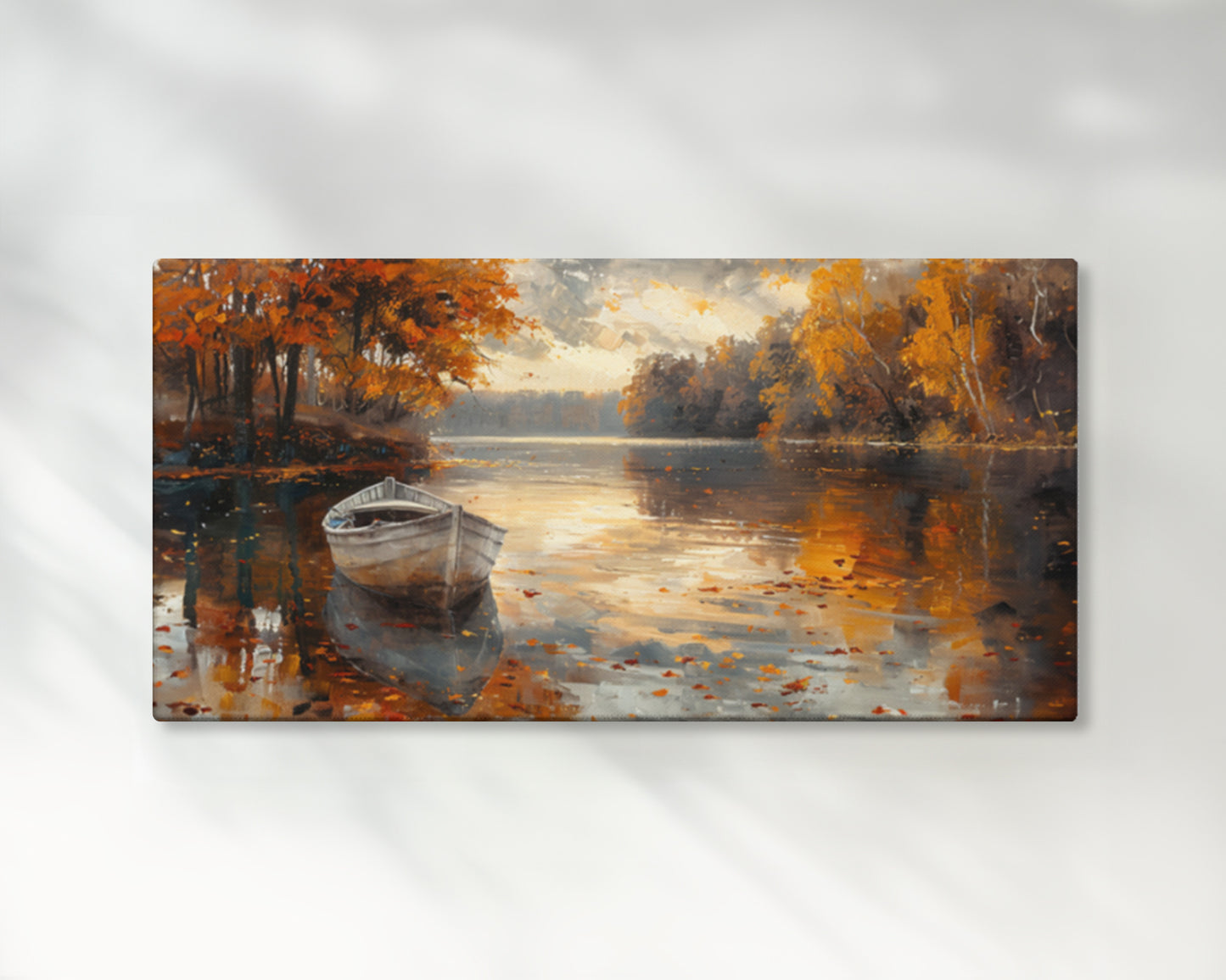 Autumn Lake Landscape with Boat – 2:1 Ratio Gallery Wrapped Canvas Wall Art, Ready to Hang