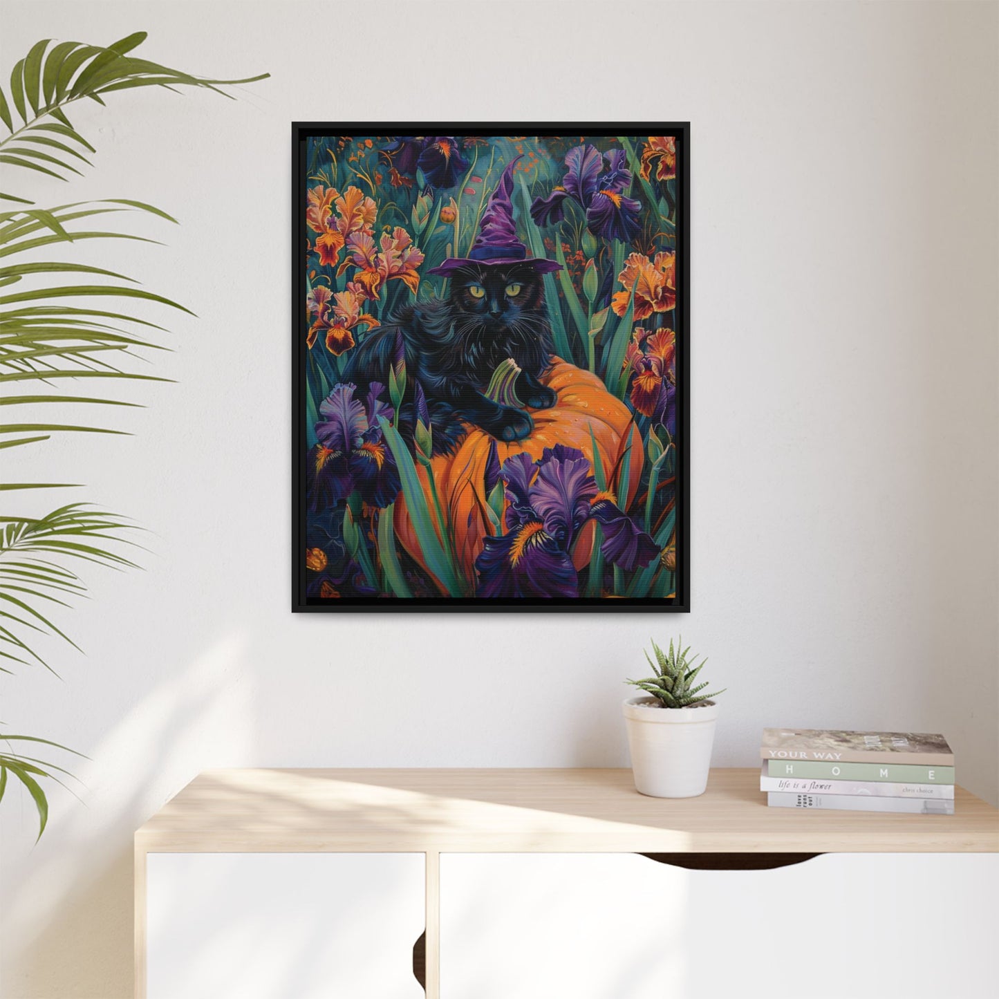 Witch Cat Pumpkin and Iris flowers – Canvas Print Wall Art