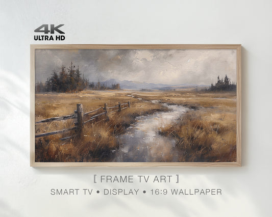 River Meadow Landscape Painting Antique White Art Digital Wallpaper Frame TV Art