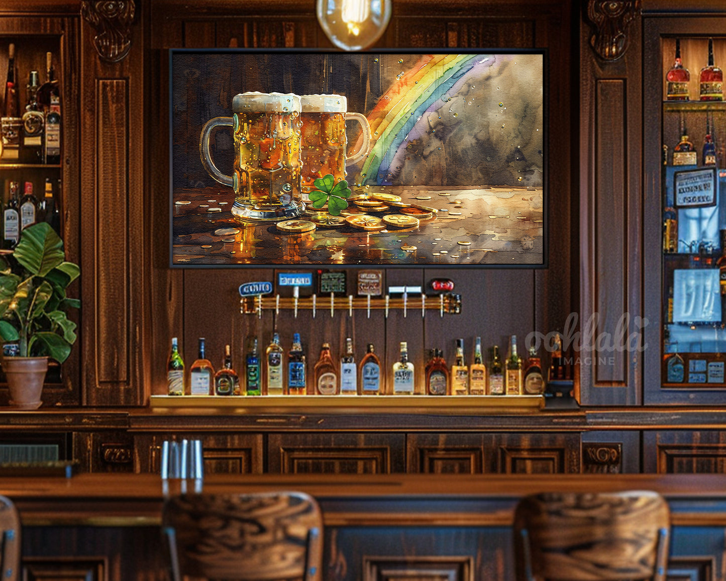 Frame TV Art St. Patrick's Day Celebration Beer Shamrocks Rainbow Gold Coins Watercolor Painting Paper Texture Home Bars Restaurants Decor