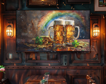 Frame TV Art St. Patrick's Day Celebration Beer Shamrocks Gold Coins Rainbow Watercolor Painting Paper Texture Home Bars Restaurants Decor
