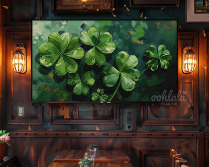 Frame TV Art St. Patrick's Day Shamrocks Clovers Painting Antique White Canvas Texture Digital Painting Home Decor Instant Download
