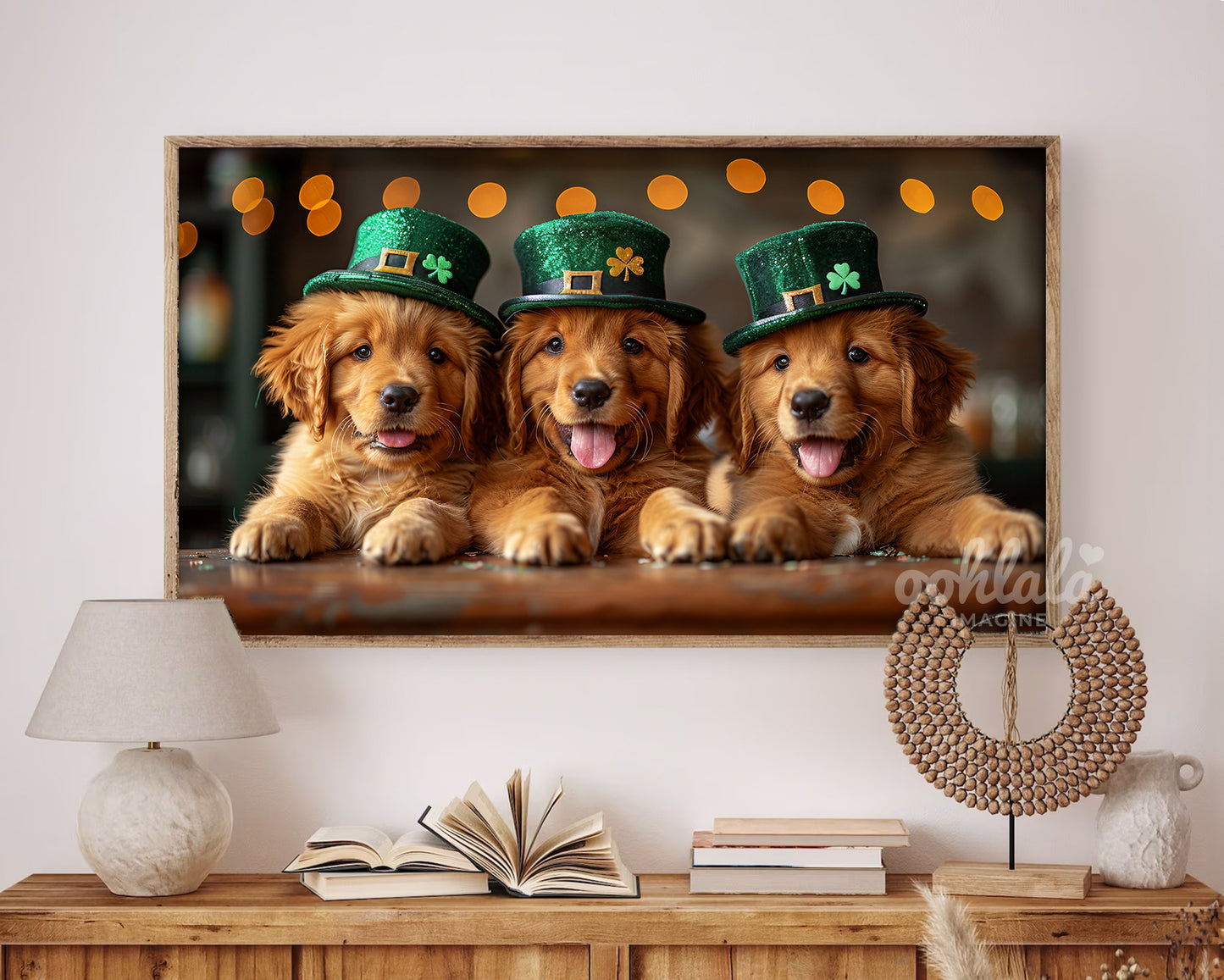 Cute Golden Retriever Puppies St. Patrick's Day Frame TV Art Wallpaper