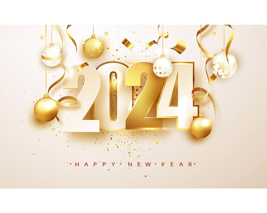 2024 happy new year vector background with golden gift bow confetti white numbers winter holiday greeting card design