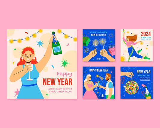 Free vector flat instagram posts collection for new year 2024 celebration