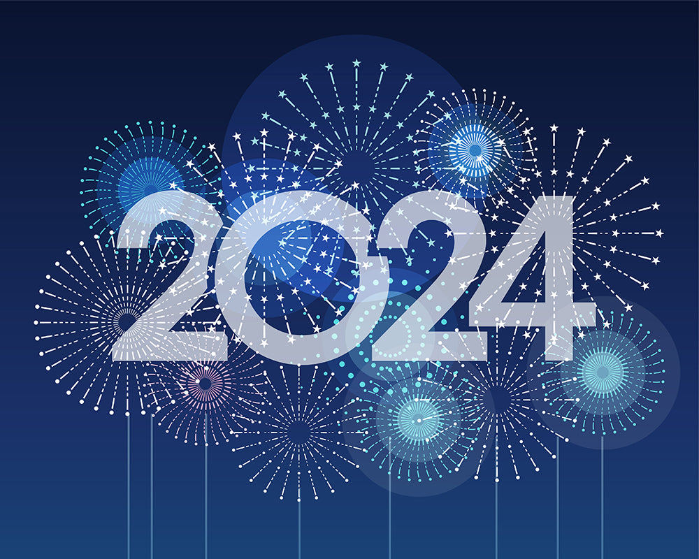 2024 vector logo and celebratory fireworks with text space on a blue background