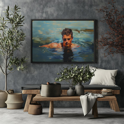 Man Swimming in a Lake Impressionist Portrait Canvas Print Wall Art