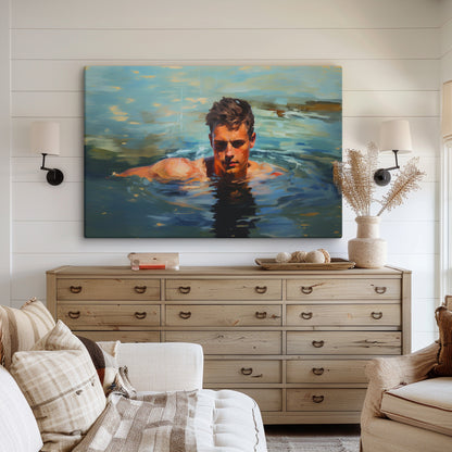 Man Swimming in a Lake Impressionist Portrait Canvas Print Wall Art