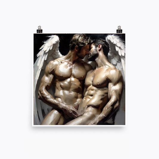 Muscle Male Couple Kissing Nude Figures, Angel Wings, Gay Art Download