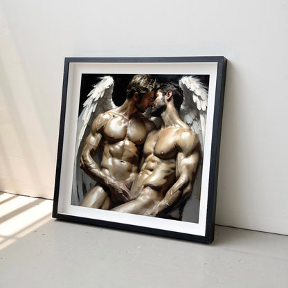 Muscle Male Couple Kissing Nude Figures, Angel Wings, Gay Art Download