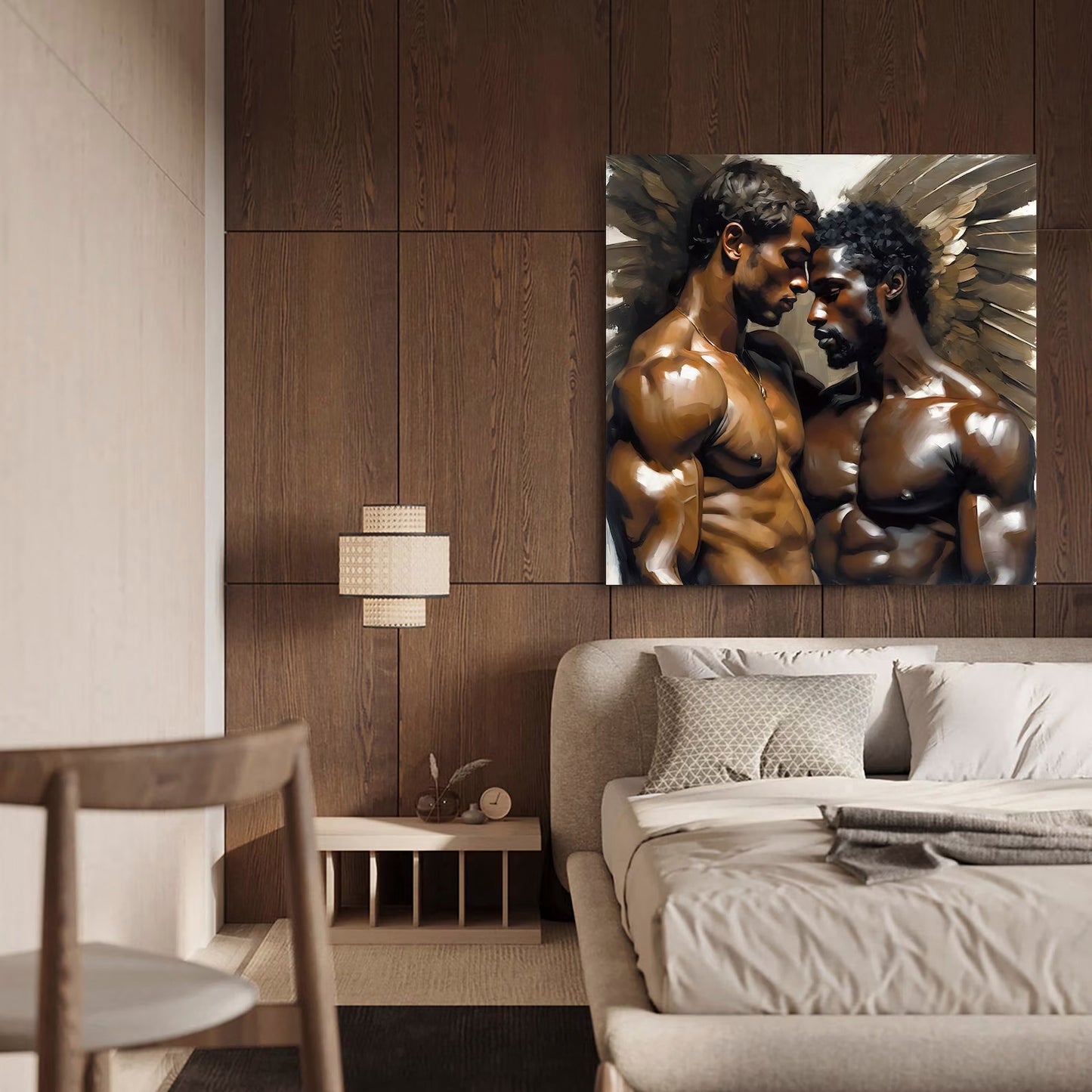 Muscle Black Males Couple Hugging Nude Figures with Angel Wings Gay Art Download