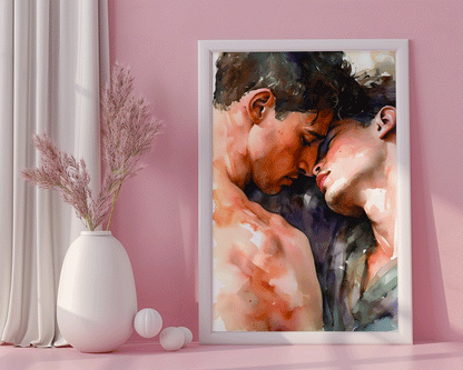 Watercolor Painting, Gay art, Gay Romance, Male Couple Art Print Poster