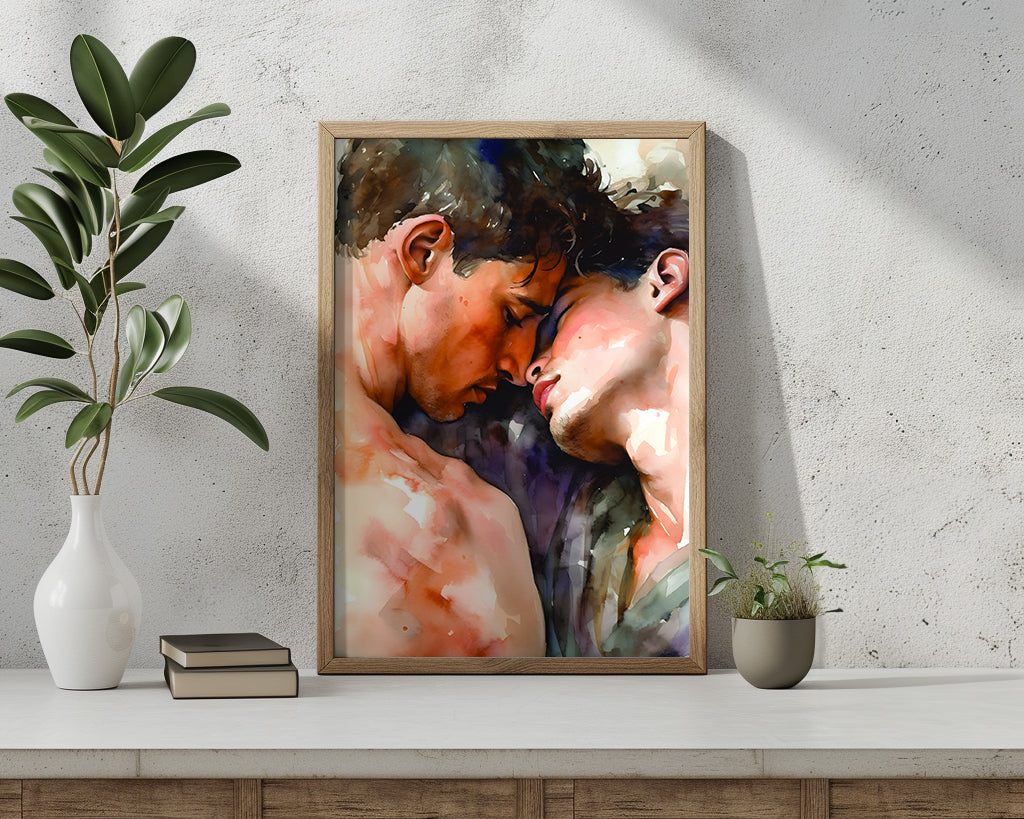 Watercolor Painting, Gay art, Gay Romance, Male Couple Art Print Poster