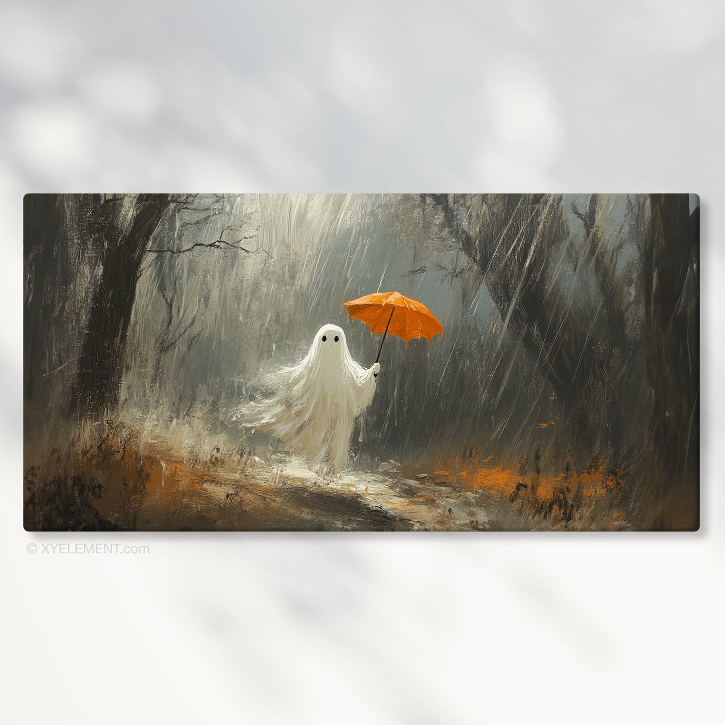 Cute Ghost in Rain at Woodland – 2:1 Ratio Gallery Wrapped Canvas | Halloween Wall Art Decor