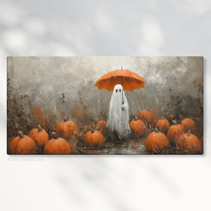 Cute Ghost at Pumpkin Patch in Rain – Gallery Wrapped Canvas Halloween Wall Art