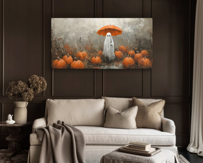 Cute Ghost at Pumpkin Patch in Rain – Gallery Wrapped Canvas Halloween Wall Art