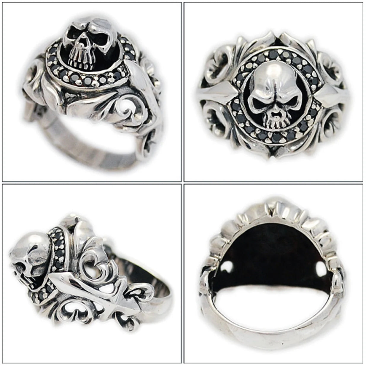 Gothic Skull Ring, Arabesque Ring with Black Cubic Zirconia, Biker Ring