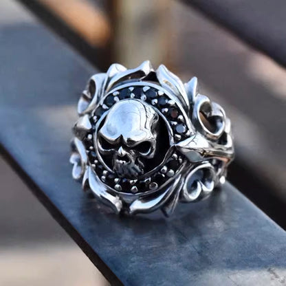 Gothic Skull Ring, Arabesque Ring with Black Cubic Zirconia, Biker Ring