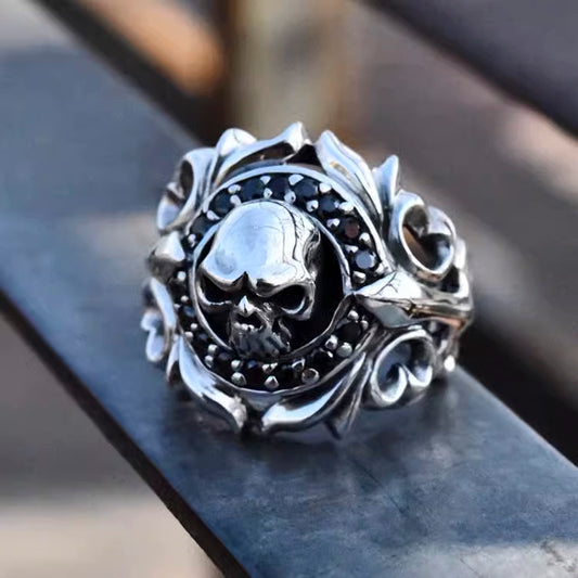 Gothic Skull Ring, Arabesque Ring with Black Cubic Zirconia, Biker Ring