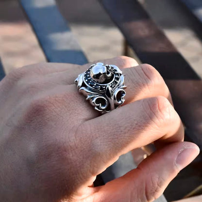 Gothic Skull Ring, Arabesque Ring with Black Cubic Zirconia, Biker Ring