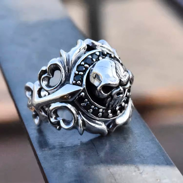 Gothic Skull Ring, Arabesque Ring with Black Cubic Zirconia, Biker Ring