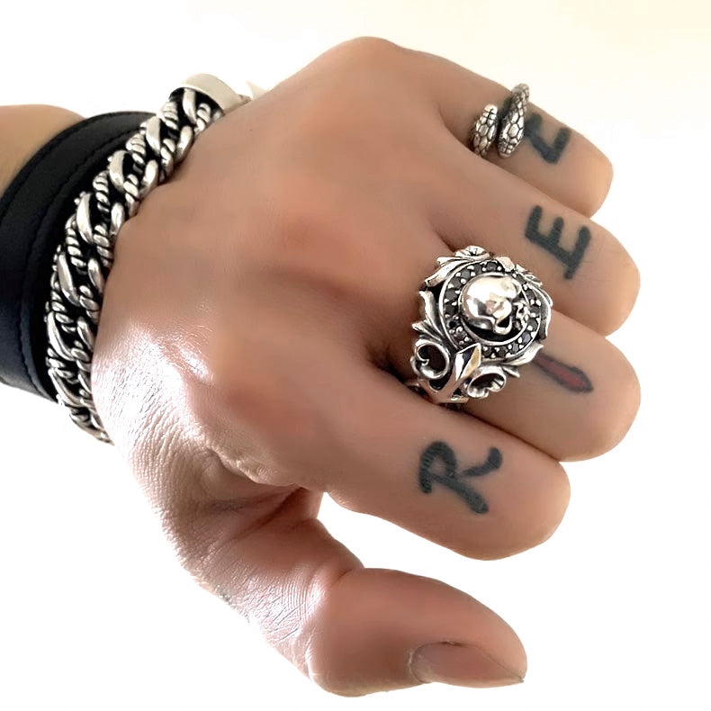 Gothic Skull Ring, Arabesque Ring with Black Cubic Zirconia, Biker Ring