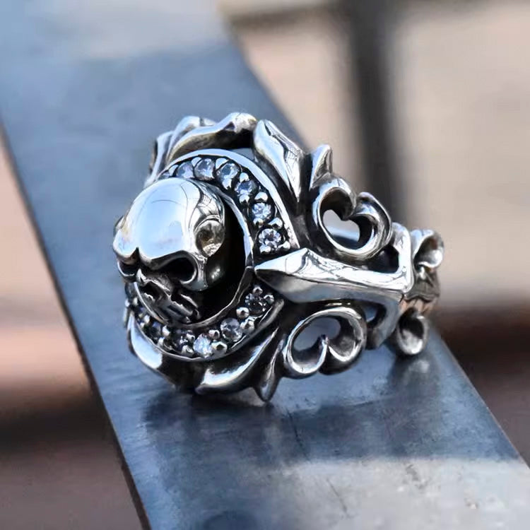 Gothic Skull Ring, Arabesque Ring with Black Cubic Zirconia, Biker Ring