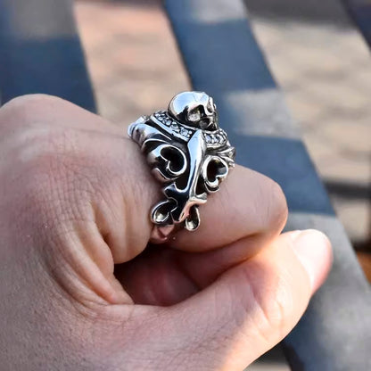 Gothic Skull Ring, Arabesque Ring with Black Cubic Zirconia, Biker Ring