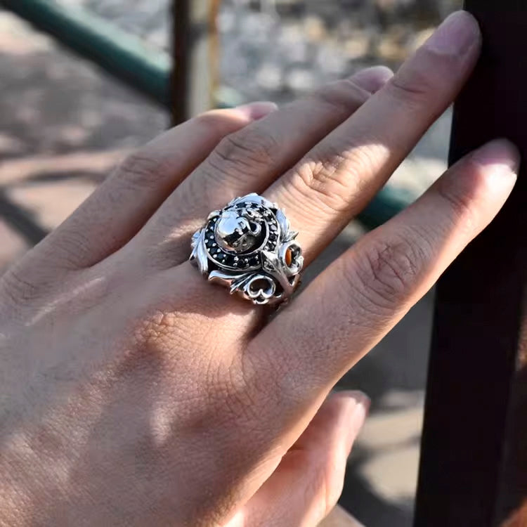 Gothic Skull Ring, Arabesque Ring with Black Cubic Zirconia, Biker Ring