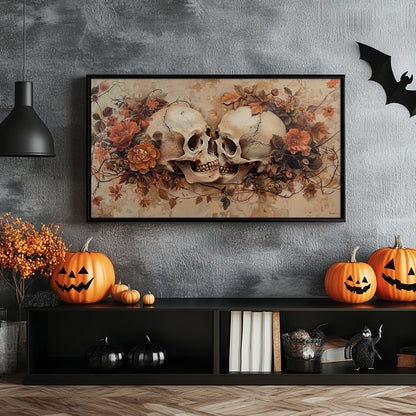 Kissing Skulls Flower Vintage Halloween Frame TV Art, Wallpaper