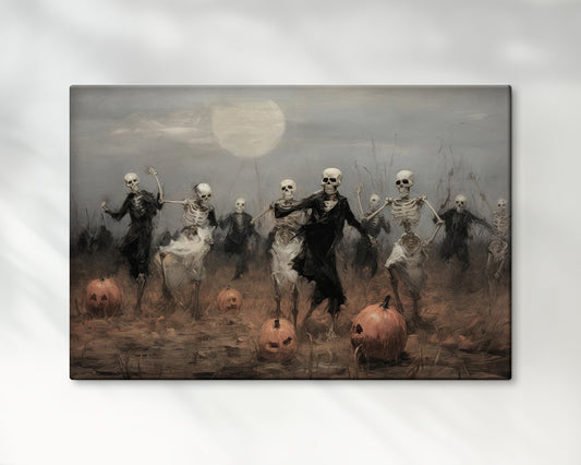 Skeleton Party in Pumpkin Patch – Canvas Wall Art