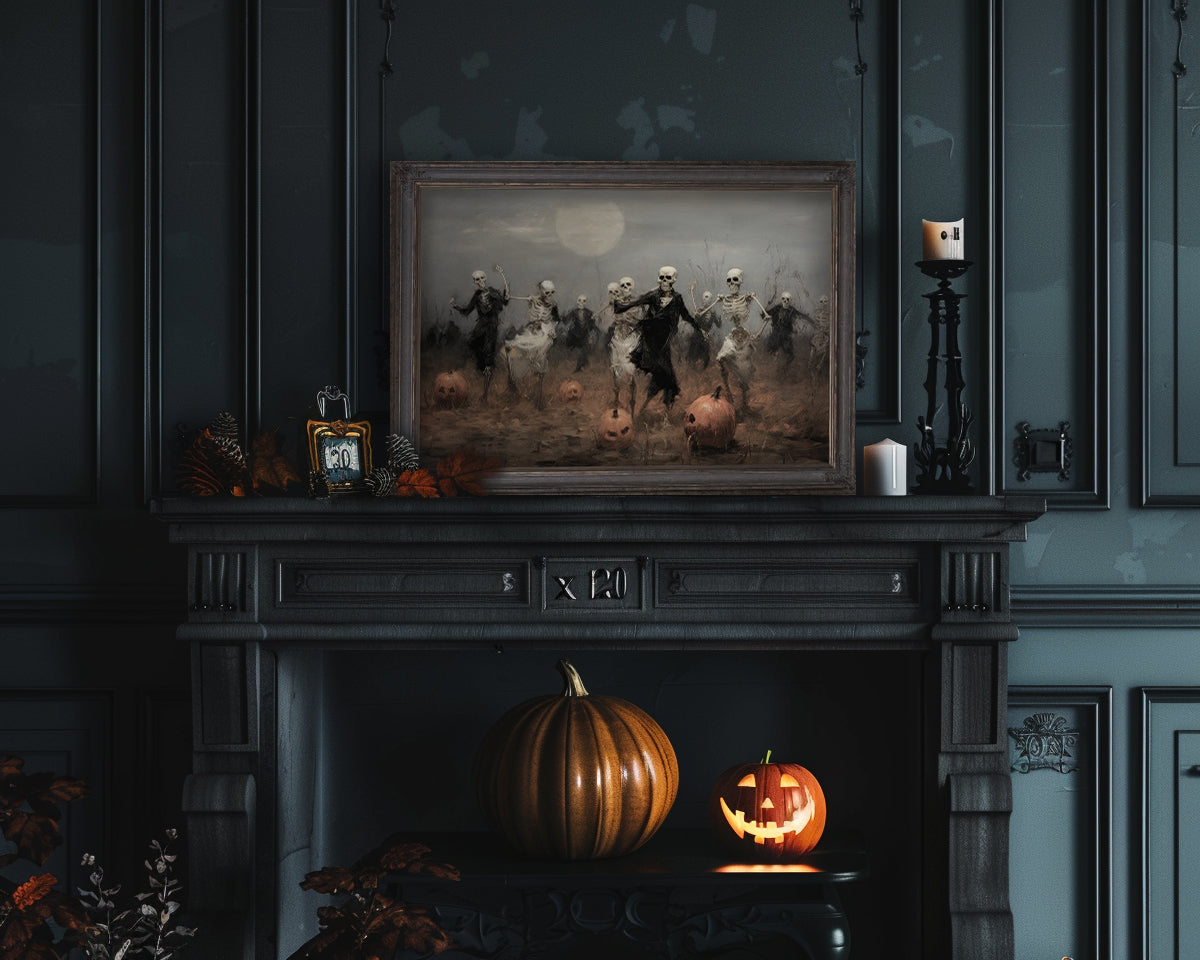 Skeleton Party in Pumpkin Patch – Canvas Wall Art