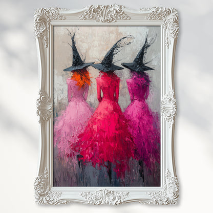 Witches in Pink Impressionist Wall Art Poster – Magical Halloween Decor