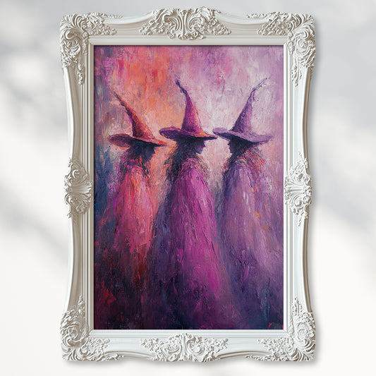 Pink Witches Impressionist Wall Art Poster – Magical Halloween Decor