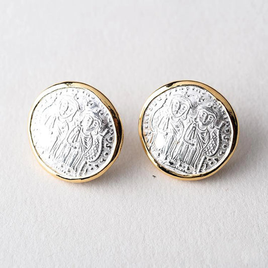 Vintage Greek Coin Stud Earring 24K Gold Coin Earring