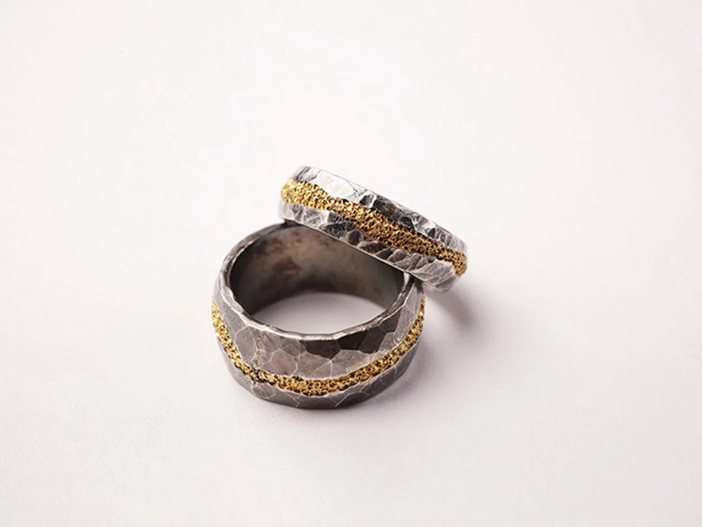 Silver Band Two Tone Ring Silver and Gold Hammered Ring