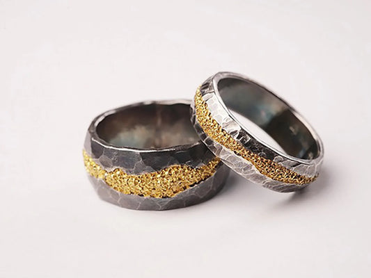Silver Band Two Tone Ring Silver and Gold Hammered Ring
