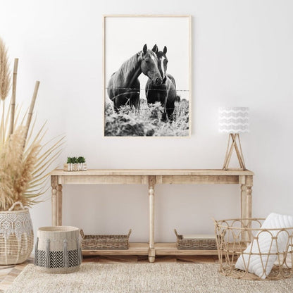 Wild Horses Black and White Wall Art Poster