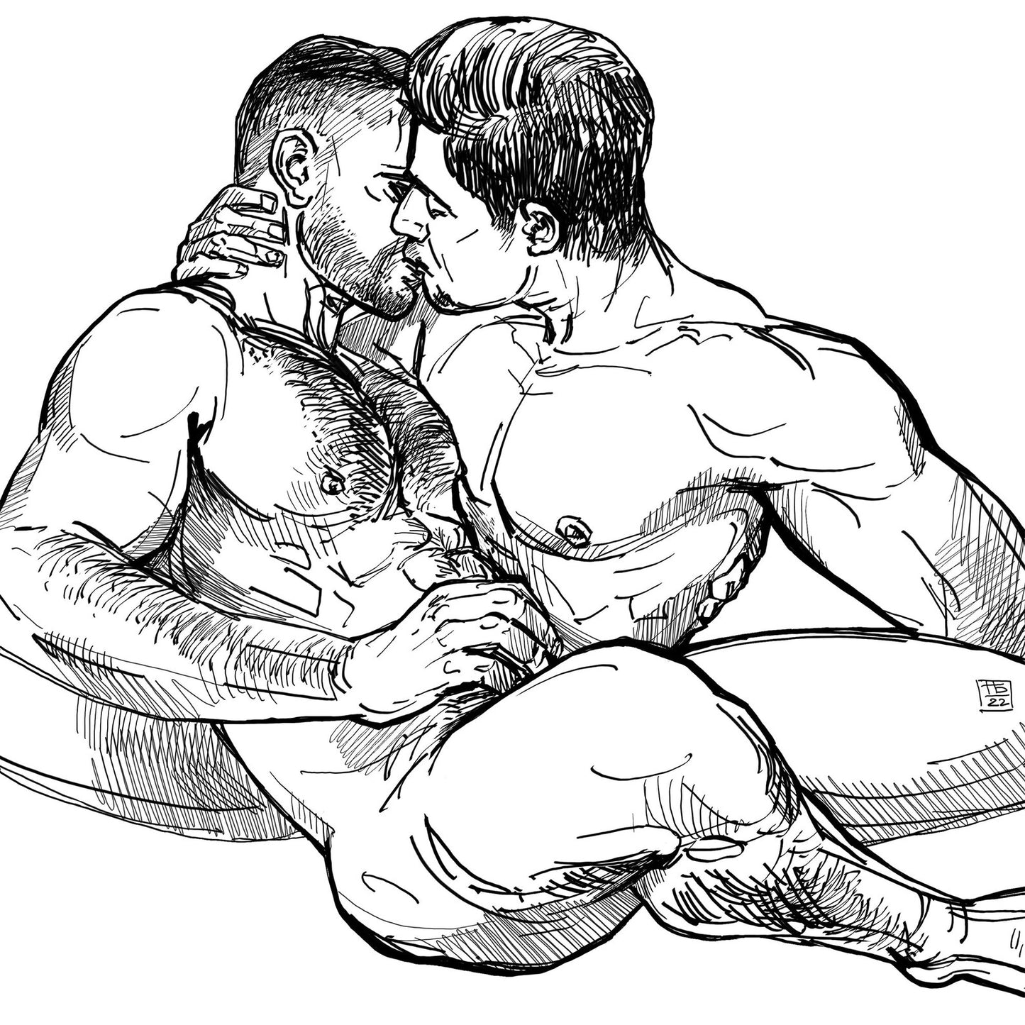 Kissing Men Gay Art Erotic Nude Sketch