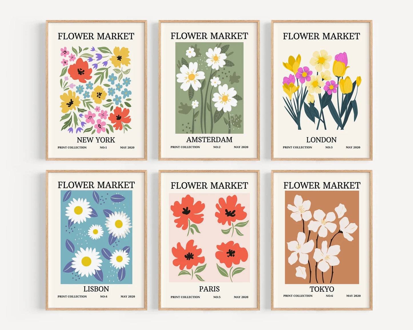 Flower Market Print Set of 6,Botanical Wall Art,Floral Drawing Posters,Flower Poster Set,Custom Wall Art Set, Paris, London,New York Print