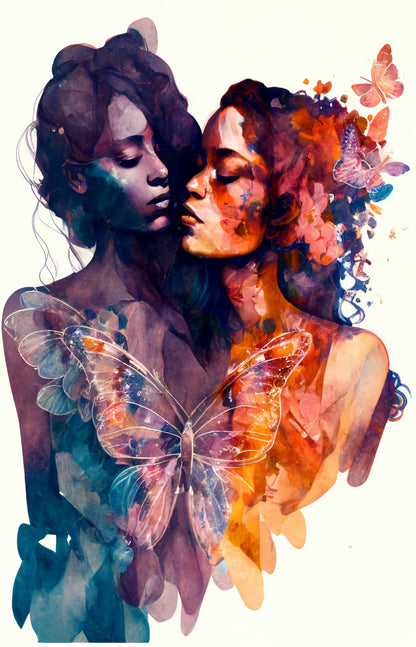 Women and Butterflies - Lesbian Wall Art Digital Download Watercolor Painting