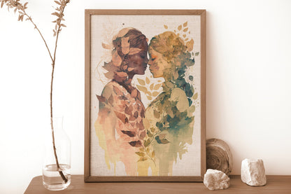 Lesbian Art Queer Print Digital Download Watercolor Interracial Sapphic Gift for Her