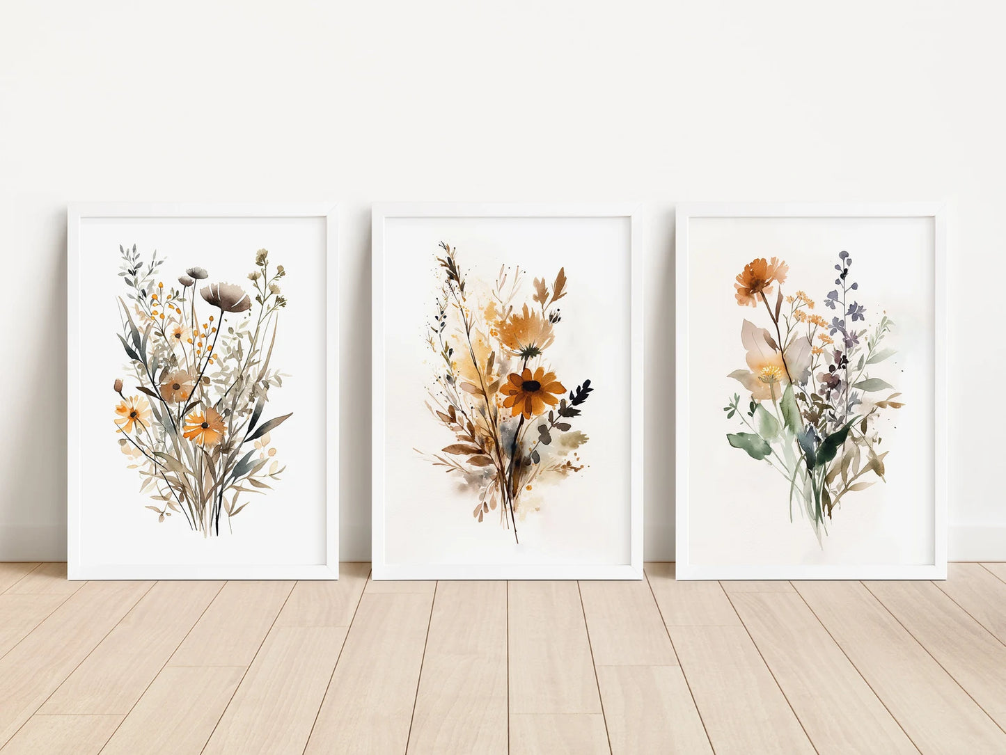 Set Of 3 Neutral Watercolor Wildflower Prints
