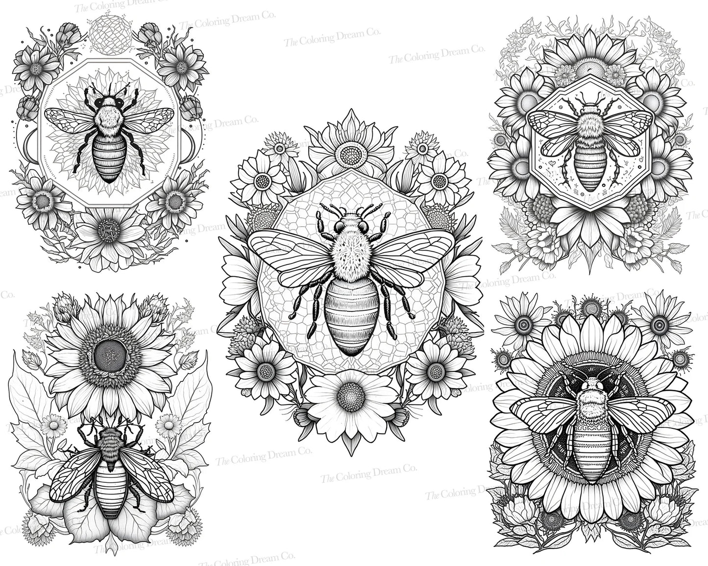 Bumblebee Mandala Coloring Book, Sunflower, Printable Coloring Pages, Printable PDF