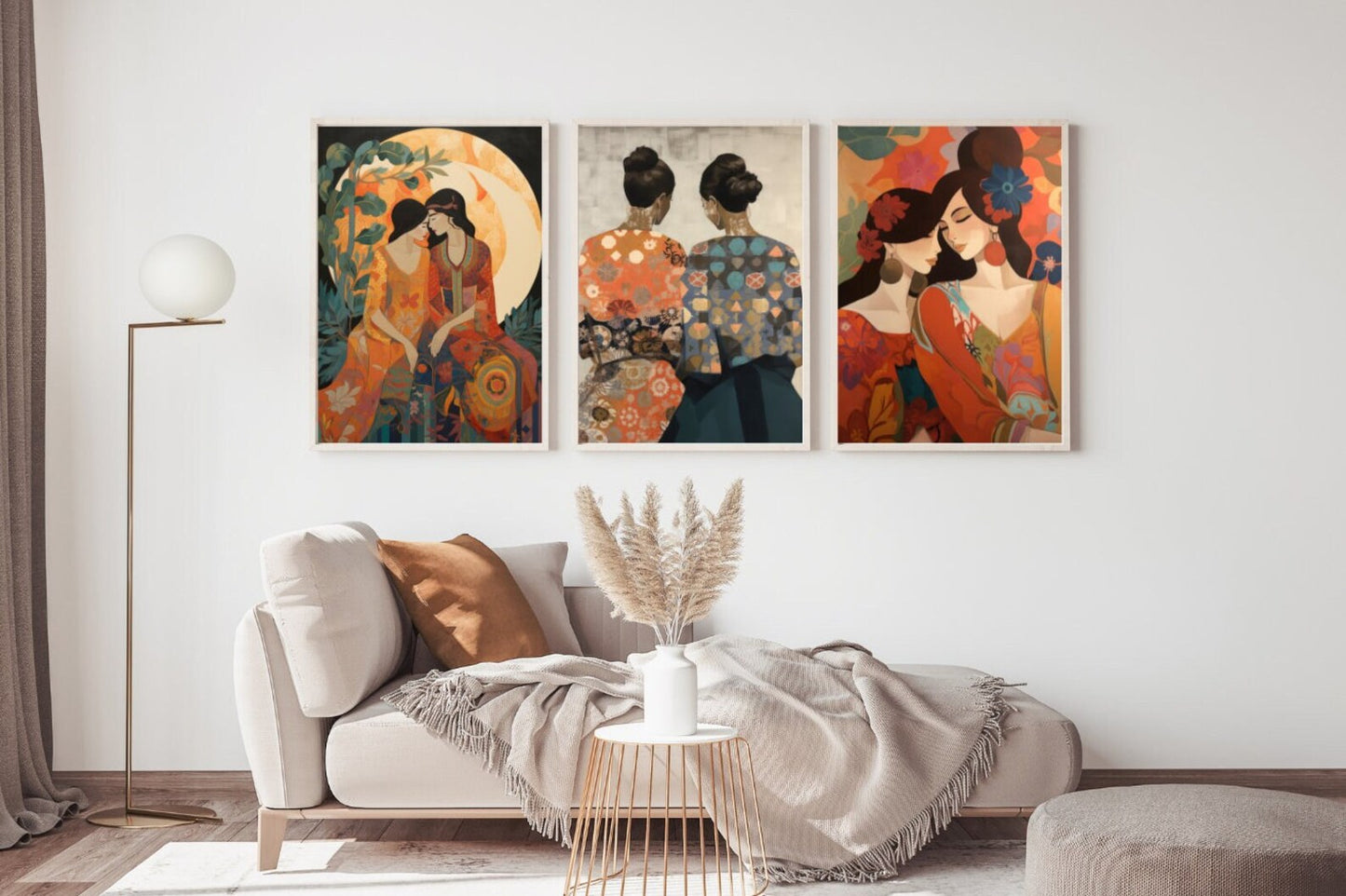 Set of 3 sapphic wall deco prints boho style | LGBT wlw vintage home art | Queer women couple romantic | Two women kissing and embracing