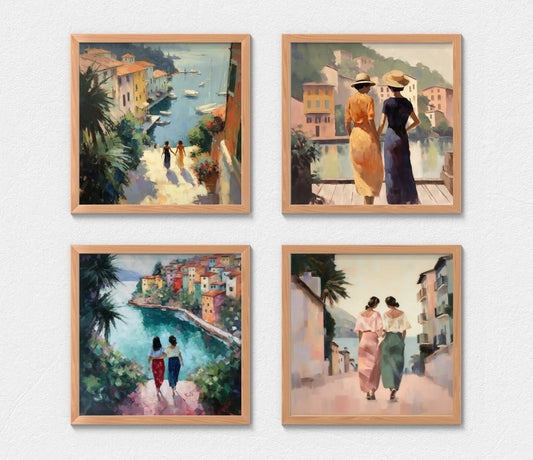 Set of 4 Sapphic Impressionist Style Wall Art Prints LGBT - Lesbian Couple in Italy